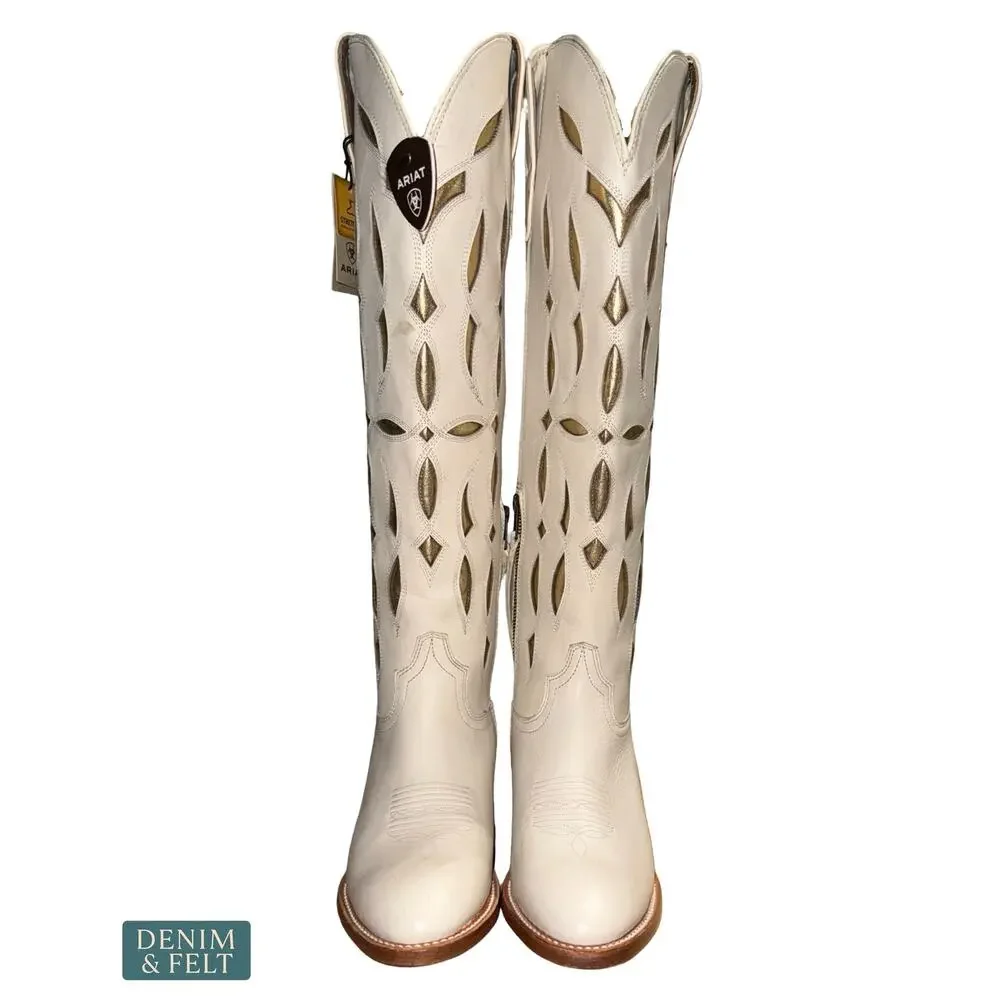 NEW Ariat Saylor StretchFit Western Boot Ivory Cutout Leather Tall Rodeo Cowgirl